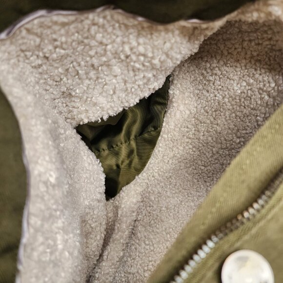 Steve Madden Jacket Coat Sm Army Green Zip Button Chore Sherpa Collar Pockets - Picture 12 of 13